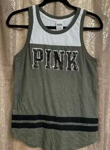 PINK Victorias Secret Olive Green Black Silver Sequin Bling Tank Top, XS