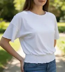 Code x Mode White Smocked Waist Short Sleeve Top classic Casual minimalist Sz L