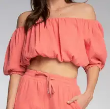 ELAN Coral Off The Shoulder Cropped Crop Top Small Puffy Sleeves NWT