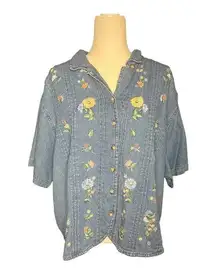 Needlepoint Floral Denim Shirt Cottagecore 24W