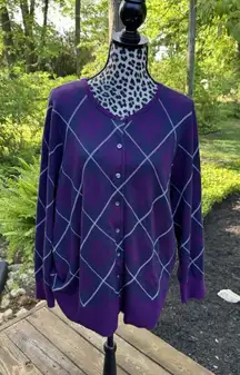 Lands End Cardigan Sweater Supima Cotton Argyle Plaid Purple Women’s Size 3X