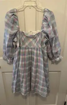 Storia Pastel Plaid Puff Sleeve Babydoll Mini Dress Large
