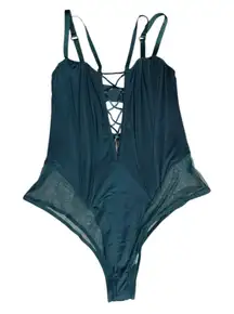 Victorias Secret Corset Bodysuit L Satin Sheer Mesh Green Plunge V-neck‎ Lace Up