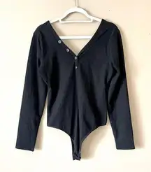 JUNE & HUDSON | Black Ribbed Long Sleeve Thong Bodysuit Sz M