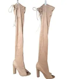 Open Toed Suede Knee Boots Heels Size 6.5 Beige brown u Womens So Me