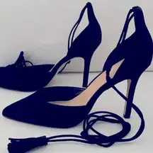 Aldo Elegant Black Faux Suede Heels with Lace Up Ankle Strap