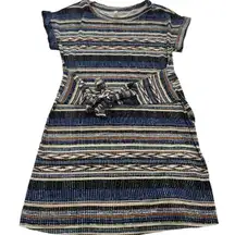 Gilli Dress Womens Small Blue Brown Striped Tie Waist‎ Short Sleeve Made USA