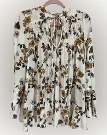 Free People Butterfly Nature Print Smocked Tie Front Blouse Size XS