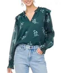 J.Crew NWT  Women’s Ruffle Collar V-Neck Blouse Green/Floral Size M