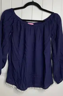 Lilly Pulitzer pom pom Enna navy blue off shoulder blouse size‎ small