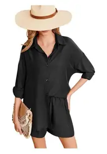 Womens Black Button Down Shirt &‎ Pull On Shorts Set sz M Casual Beach Vacation