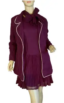 MR. MORT PURPLE & CREAM PLEATED MINI DRESS & JACKET 1970’S MATCHING SET (M)