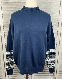 MADE WITH LOVE Women's Navy Blue Mockneck Sweater with Fair Isle Sleeve-XL