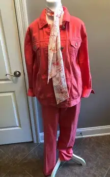 Jessica London Vintage  Pink Coral Denim 2 Piece Set Jacket & Jeans Size 12-14