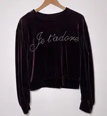 Misa Los Angeles Je T'Adore Velvet Sweatshirt French Embroidered in Plum Size M