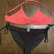 Aerie  black coral pink two piece crochet mesh tie waist bikini, S NWOT