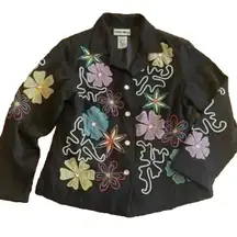 Indigo Moon Jacket Blazer Size XL Black Jacquard Floral Embroidery India Cottage