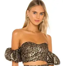 NWT NBD Revolve Dodi Animal Print Puff Sleeve Crop Top Black Gold Metallic