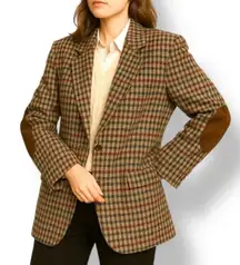 Vintage Wool Houndstooth Plaid Blazer Brown Suede Elbow Patch Oversized Small
