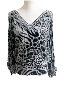 Hale Bob Burnout Velvet Tunic Dolman Sleeve Black Size Small V-Neck Animal Print