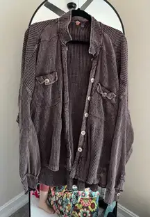 Free People Purple Button-Up Waffle Knit Shirt