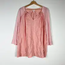 Escada Sport Linen Ruched Pleated Pearl Detail V Neck Blouse Shirt Pink Large