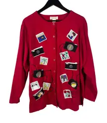 Bechamel Red Cardigan L Photo Camera Applique Embroidered Button Front Hong Kong