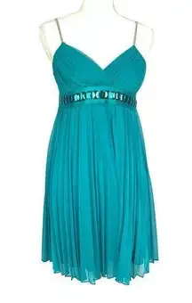 Teal Chiffon Pleated Dress S Rhinestone Belt Bow Tie Knee Length Cocktail Prom