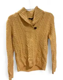 Butter Yellow Cable Knit Chunky 100% Cotton Shawl Collar Sweater Medium