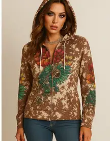 Ed Hardy Style Tattoo Graphic Zip up Hoodie - Women's sz M Boho Y2K Streetwear