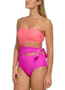 DKNY One Piece Swimsuit Removable Strap Cutouts Tie Waist Colorblock Pink 12