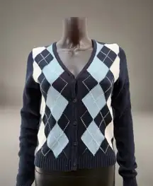 John Galt Argyle Cardigan Sweater Navy Blue Light Blue Preppy Women's Small