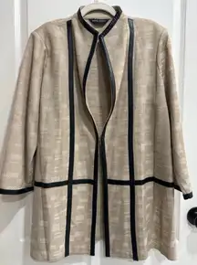 Women's MING WANG Cardigan Beige Knit, Faux Leather Trim, M/L