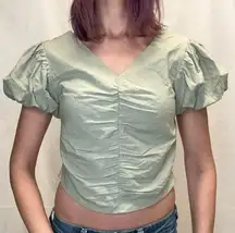 V ery j Women's Bubble Sleeve Crop V Neck Canvas Blouse Olive Green M Med Medium