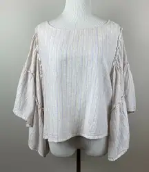 Hippie Laundry Top Women Large Stripe 3/4 Wide Bell Sleeve Ruffle Slight Cropped