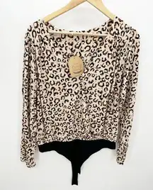 Kori  Bodysuit Womens Large NWT Cream Black Cheetah Animal Print Long Sleeve