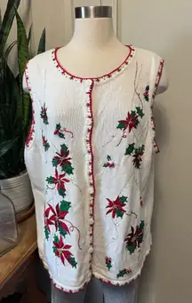 Vintage Poinsettia Embroidered vest Holiday Knit Vest Beaded 2X Festive Style