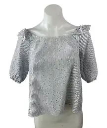 Zara Womens White Blue Striped Embroidered Eyelet Short Sleeve Blouse Top Size S