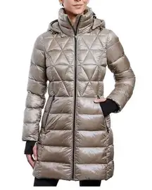 Anne Klein Women's Shine Hooded Packable Puffer Coat Taupe Size XL NWT