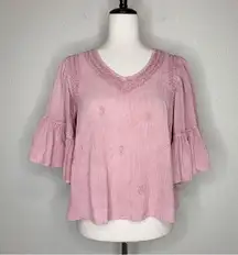 Rachel Zoe Boho Pink Embroidered Flared Sleeves Top