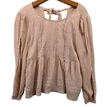 American Eagle  Womens Top Sz M Pale Pink Babydoll Lace Peplum Long Sleeve Gauze