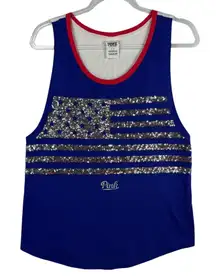 PINK Victoria's Secret Bling American Flag Sequin Tank Top Patriotic Blue‎ Red S