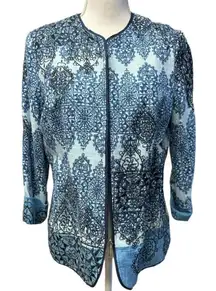 Coldwater Creek Blue W/ Black Embroidery Ikat Variegated  Zip Up Blazer‎ Size 10