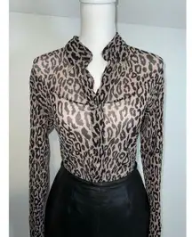 Women’s Mesh Y2K Leopard Animal Print Pearl Snaps LARGE