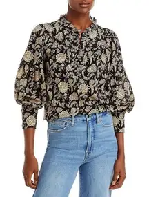 Sundays Camelia Black Floral Ruffle Collar Top Blouse Shirt‎ Size Large