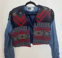 Vintage Rhonda Stark Southwestern Wool Blend and Denim Jacket With Fringe Large