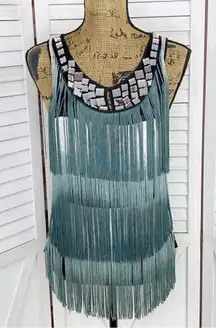 Bebe Mirrored Neck Fringe Sleeveless Top Blue White Ombre Small