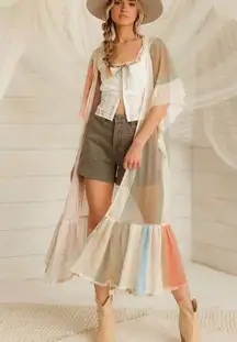 Gimmicks from Buckle Colorful Sheer Duster with White Top and Olive Shorts