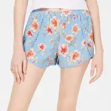 NEW BEBOP JUNIORS Blue Coral White Floral Crochet Trim Bohemian Elastic Shorts