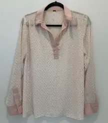 Free People White & Pink Horse Print Button Up Long Sleeve Sheer Blouse XS